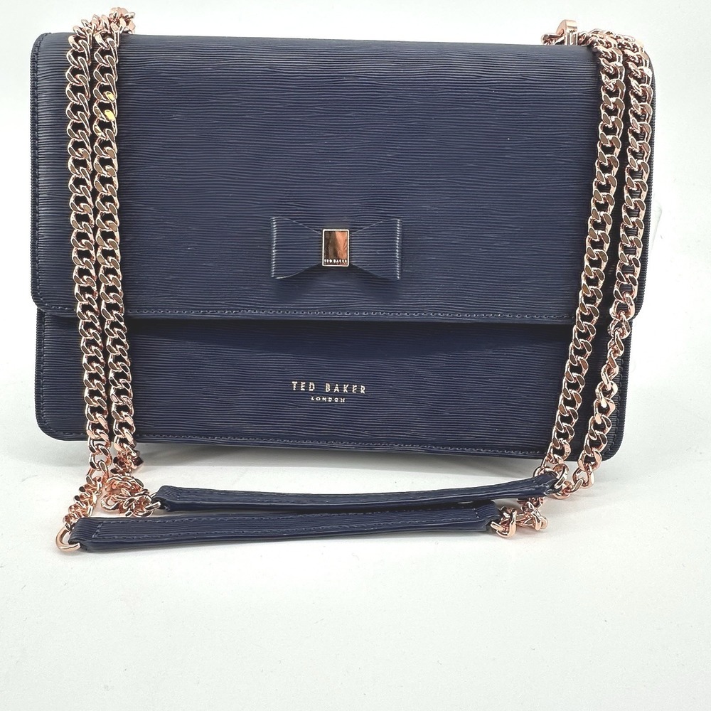 Ted Baker Delila Crossbody Purse Navy Rose Gold Leather Bow Detail